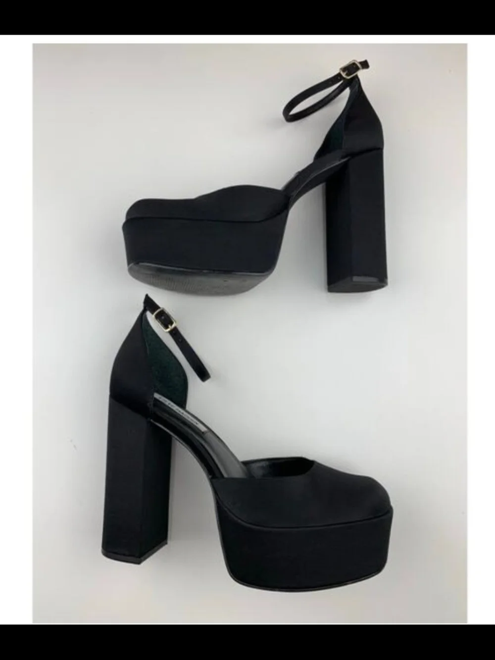Artem Black Silk Sky High Platform Ankle-Strap Heels. Size 8